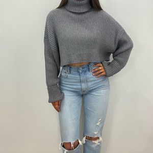 NWT Grey Turtleneck Knit Cropped Sweater